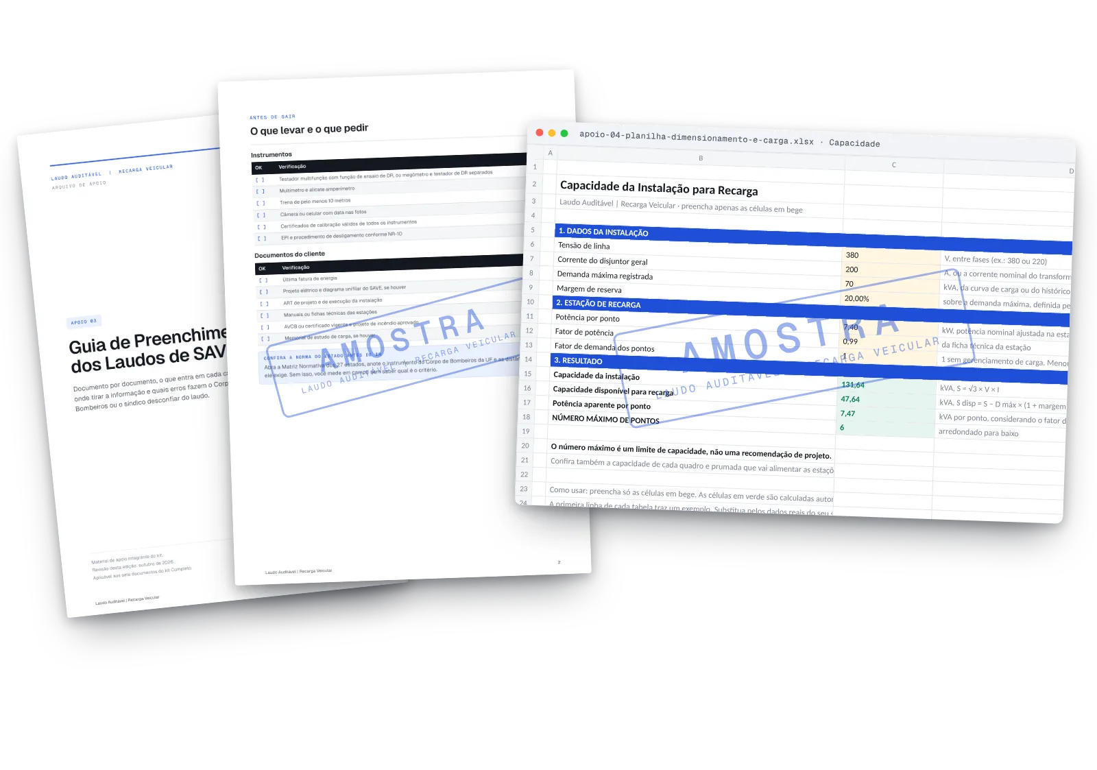 Guia de preenchimento e checklist de campo em PDF ao lado da planilha de dimensionamento e carga aberta na aba de capacidade