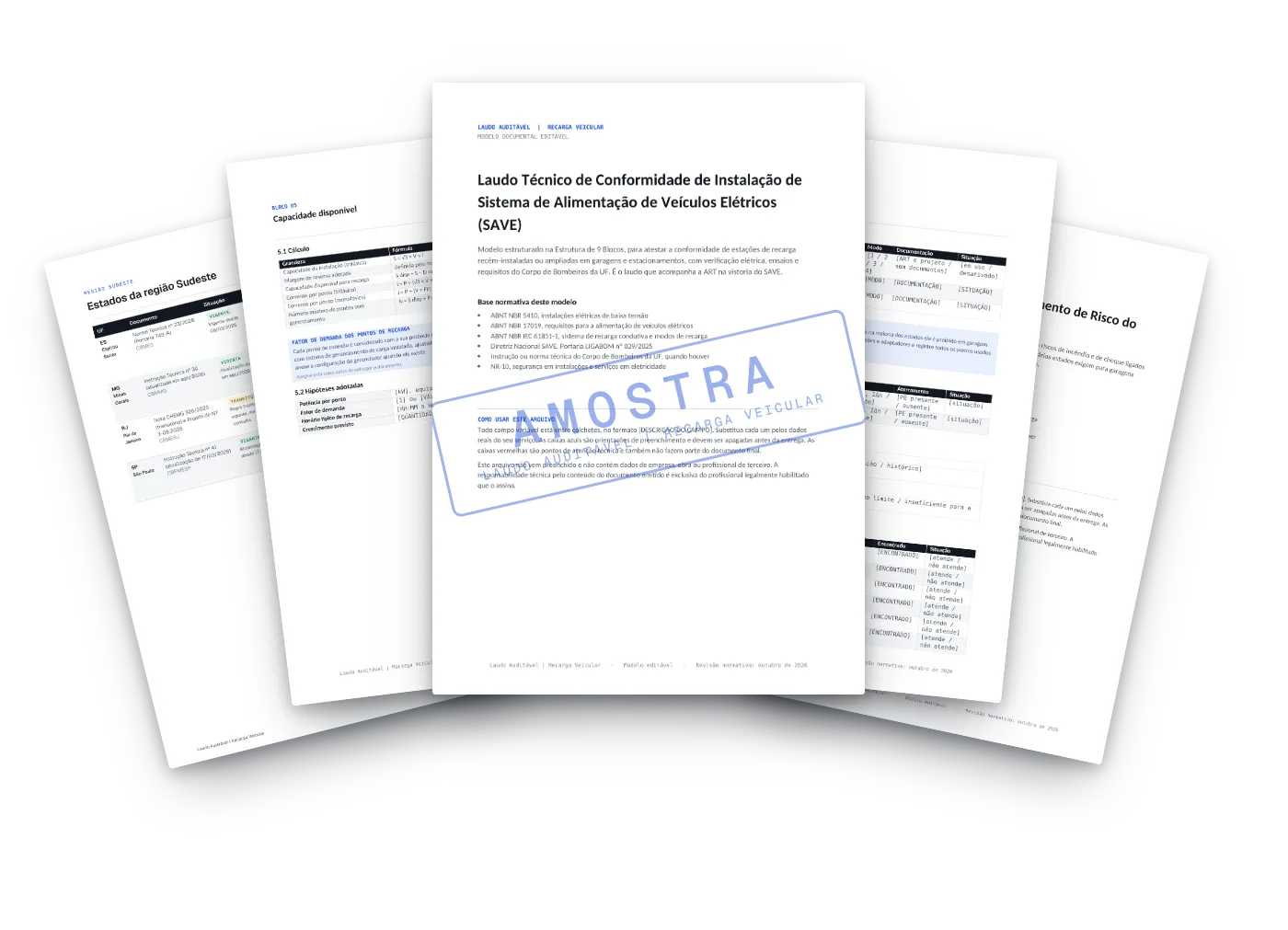 Páginas reais do Laudo de Conformidade de Instalação de SAVE, do memorial de estudo de carga e da matriz normativa do kit Laudo Auditável | Recarga Veicular.