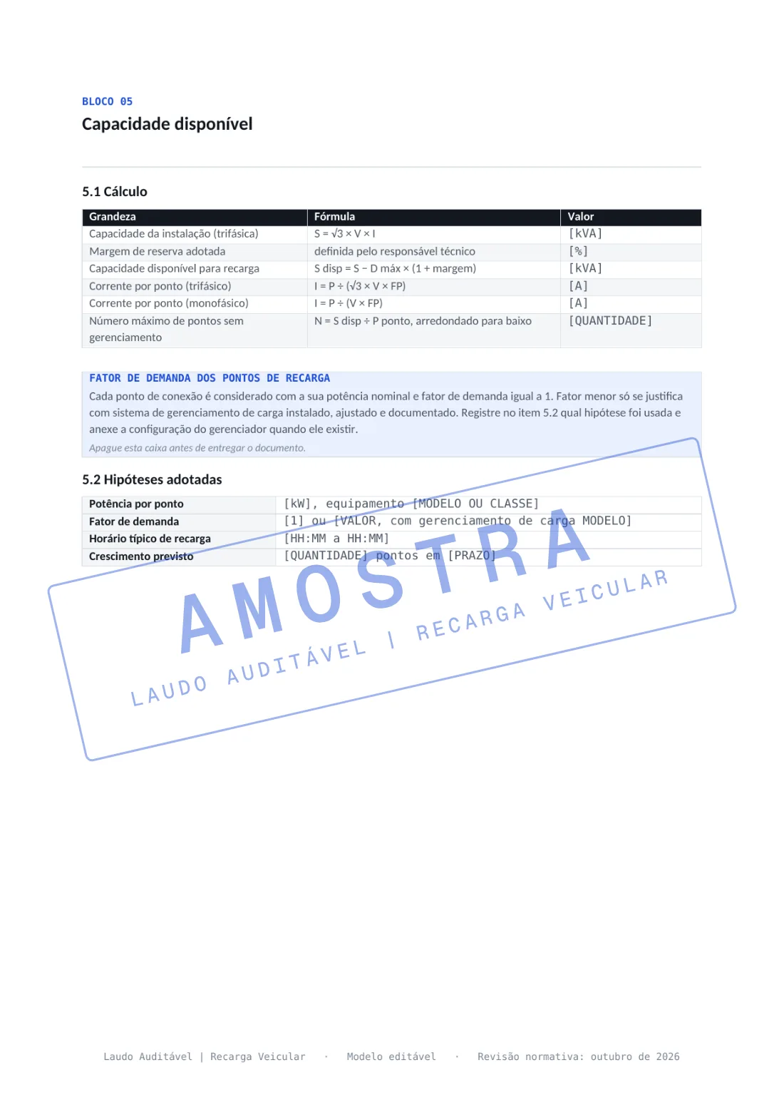 Bloco 05 do memorial de estudo de carga, cálculo da capacidade disponível e do número máximo de pontos.